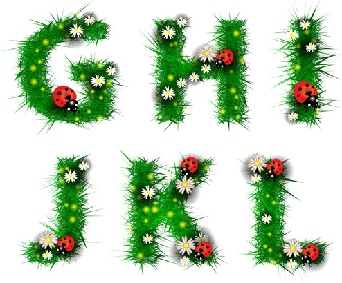 ตัวอักษรสีเขียวใบไม้กับเวกเตอร์ coccinella และดอกไม้