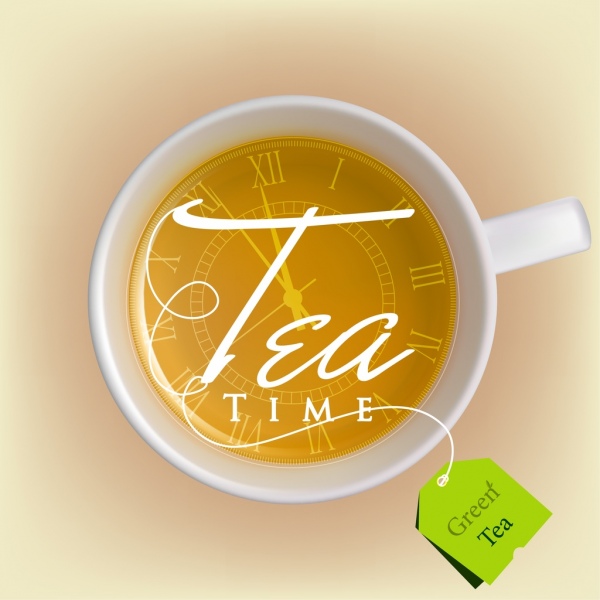 l'horloge de thé vert annonce tasse blanche calligraphie.