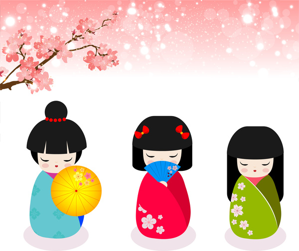 illustration vectorielle de carte de voeux avec des poupées kokeshi