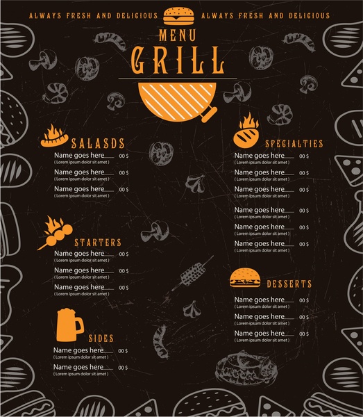 Grill desain menu dengan masakan latar belakang gelap