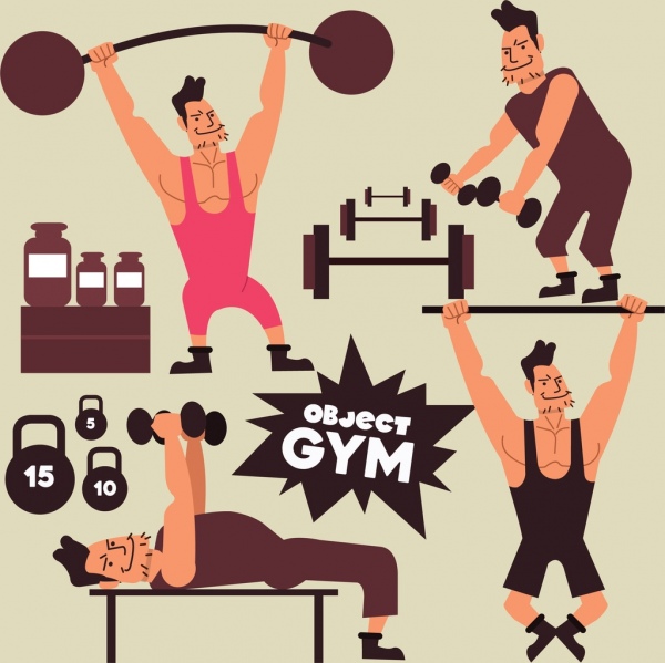 diseño de dibujos animados iconos de gimnasio diseño elementos de peso de atleta