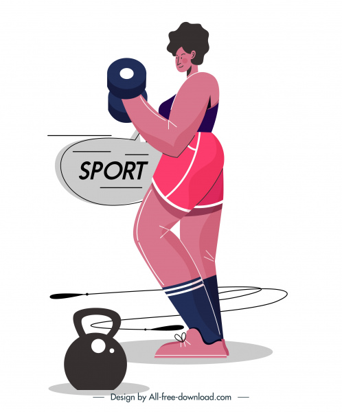 palestra sport icona dumbbel donna schizzo cartone animato design