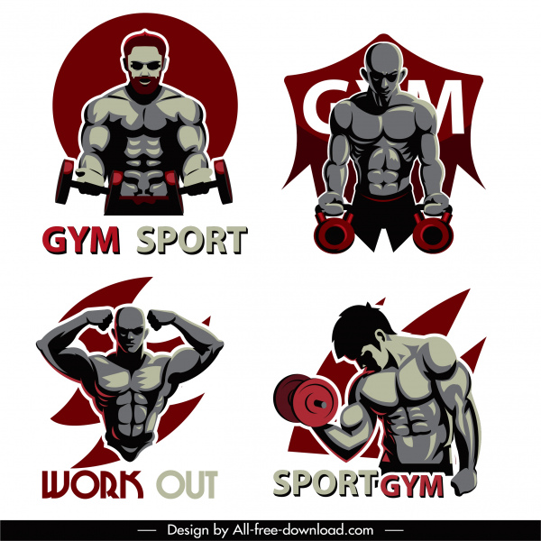 健身房运动图标肌肉运动员素描黑暗设计