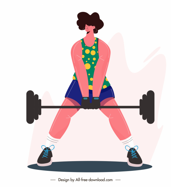 ยิมเนเซียมกีฬาไอคอนผู้หญิงดัมเบลร่างตัวอักษรการ์ตูน