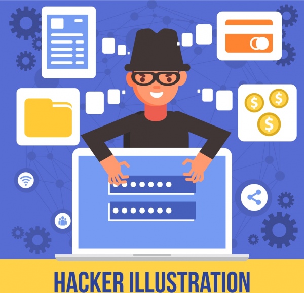 hacker nguy hiểm biểu ngữ người đàn ông máy tính xách tay biểu tượng internet an ninh