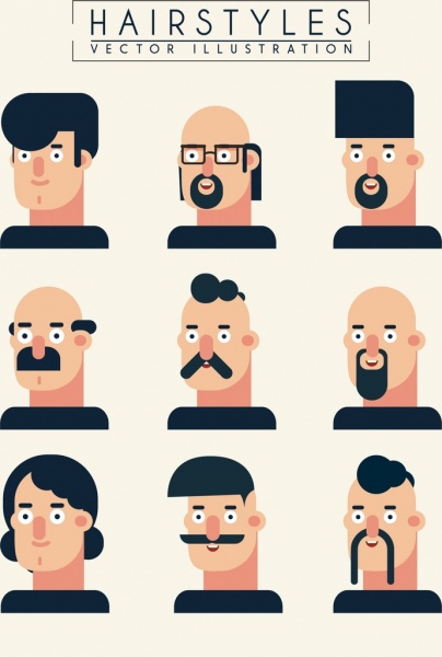 ícones de masculino penteado coleção Cartum desenho