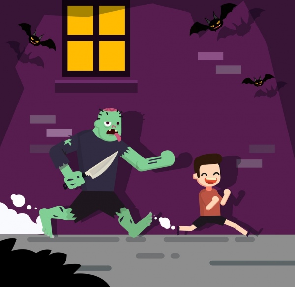 Halloween latar belakang lucu hantu mengejar anak kartun desain