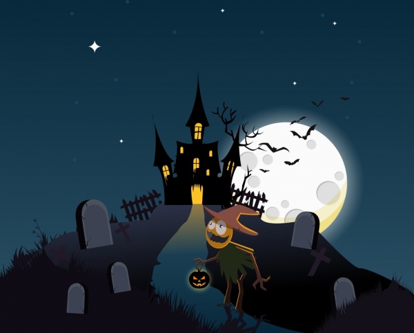 halloween sfondo chiaro di luna castello cimitero fantasma icone
