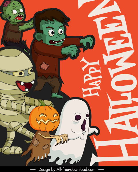 plantilla de fondo de Halloween divertidos personajes de miedo dibujo animado bosquejo
