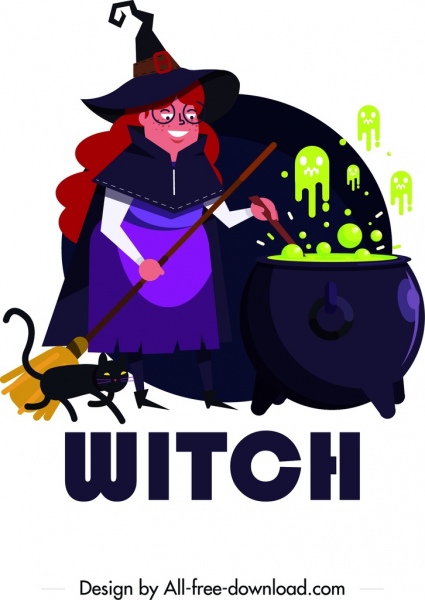 ícones de veneno gato Halloween fundo bruxa personagens dos desenhos animados
