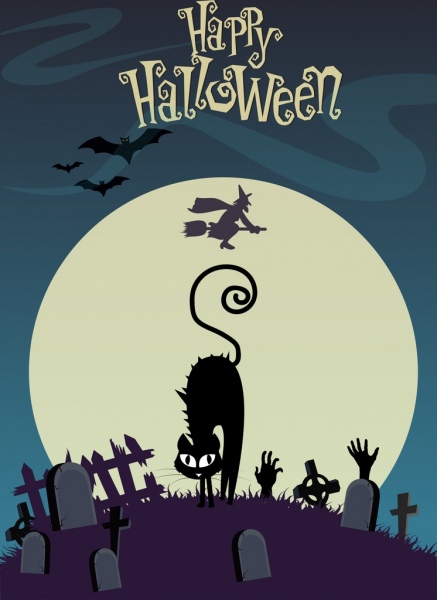 Halloween-Banner schwarze Katze Mondlicht Grab Assistenten Symbole