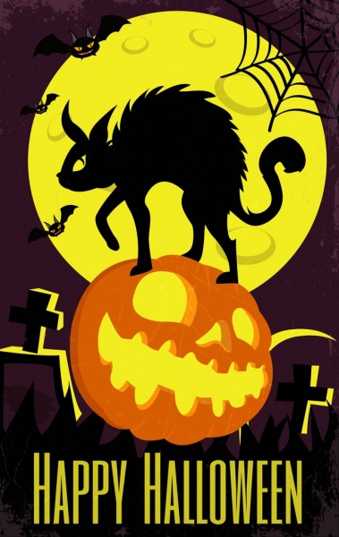 Icone di Halloween banner gatto nero spaventoso della zucca al chiaro di luna