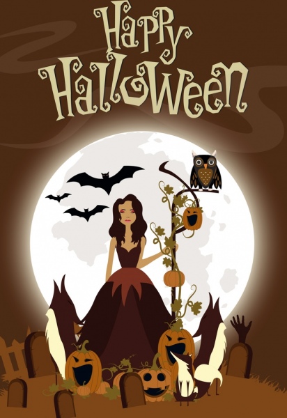 Halloween Pumpkin decor Moonlight Lady iconos banner Brown