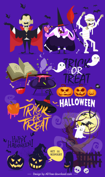 Halloween banner đầy màu sắc tối thiết kế nhân vật kinh dị ký họa