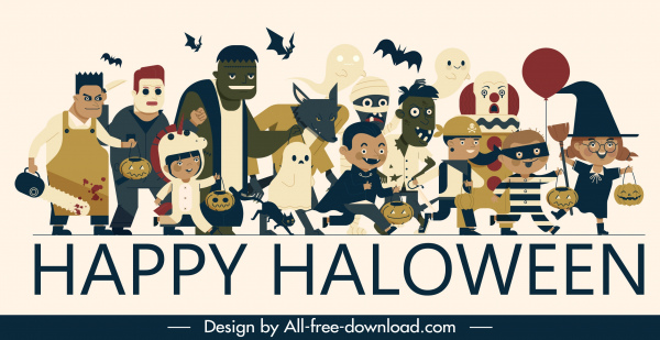 Halloween bannière drôle horreur costumes personnages croquis
