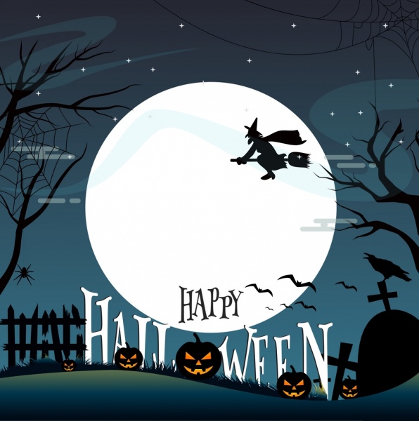 Diseño de banner de Halloween noche de luna en la escena del cementerio