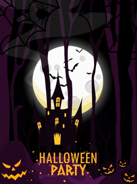 halloween bandiera viola notte sfondo chiaro di luna castello icone