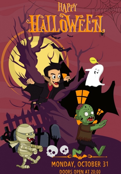 Halloween banner personagens assustadores ícones design dos desenhos animados
