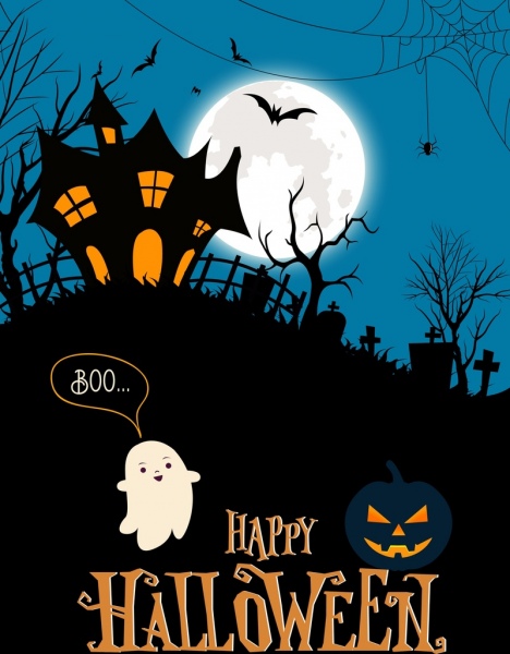 halloween banner effrayante scène de nuit de lune cemetery icônes