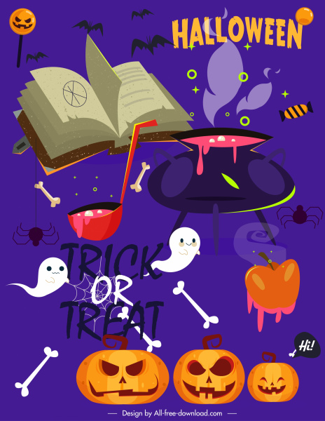 Halloween banner simboli spaventosi schizzo colorato design classico
