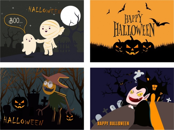 Halloween banner set hantu jahat labu makam ikon