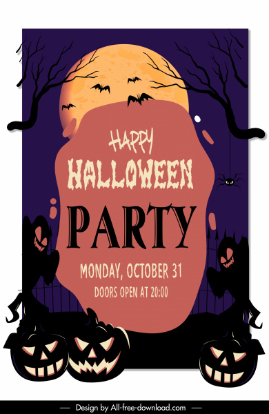 plantilla de banner de Halloween elementos horribles decoración noche de luna oscura
