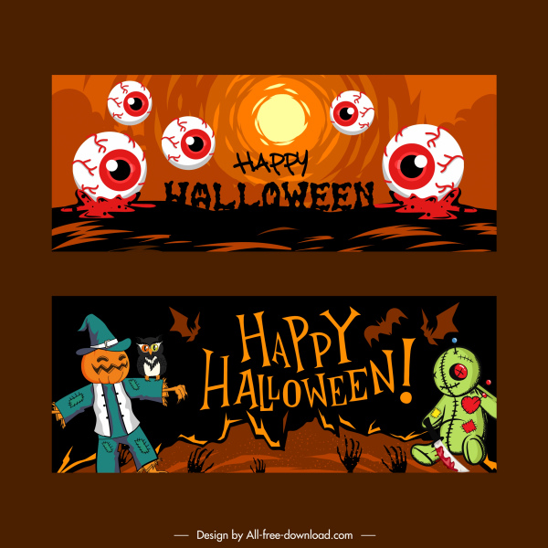 plantillas de banner de Halloween clásico símbolos aterradores boceto