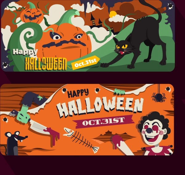 Modèles de bannière d’Halloween décor d’horreur classique coloré
