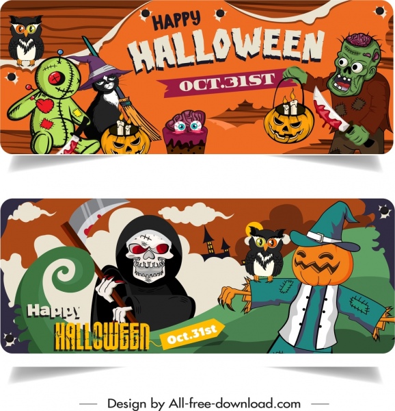Template spanduk Halloween dekorasi karakter horor berwarna-warni