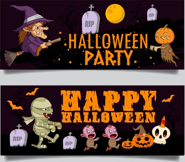 Halloween banner modelos assustador ícones coloridos personagens de desenhos animados