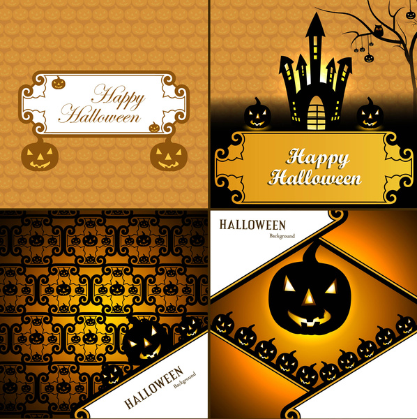 Halloween kartu empat koleksi presentasi latar belakang warna-warni cerah vektor ilustrasi