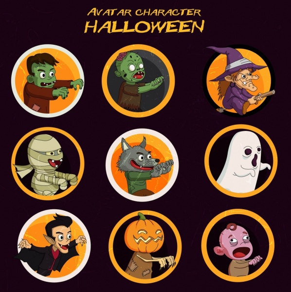 Personajes de dibujos animados de colores Halloween avatars círculo de aislamiento