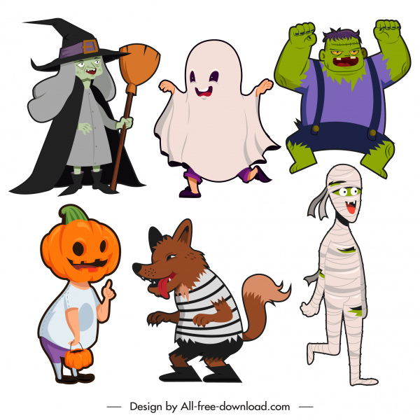 Хэллоуин персонажи иконки пугающий дьявол призрак эскиз