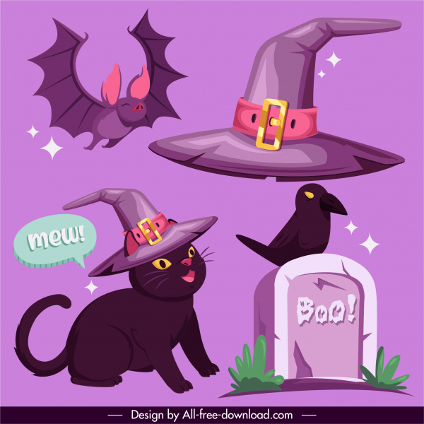 halloween elementos de diseño cat bat tomb wizard elementos