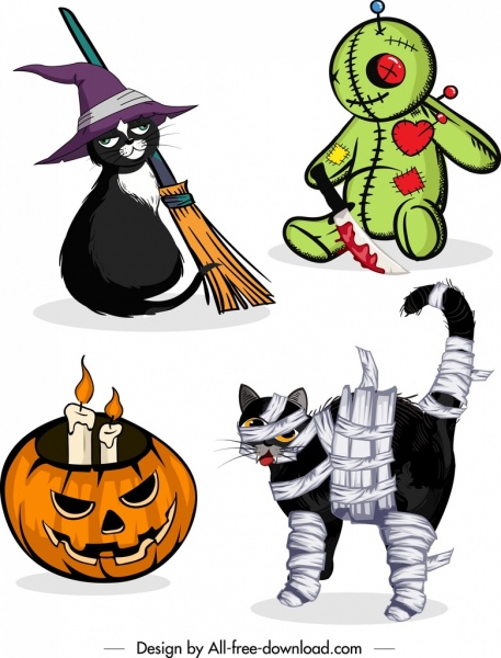 Halloween-Design-Elemente Katze Kürbis blutigen Spielzeug Symbole