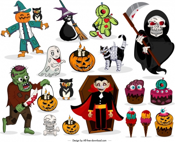 Halloween-Design-Elemente farbig Horror Zeichen Symbole
