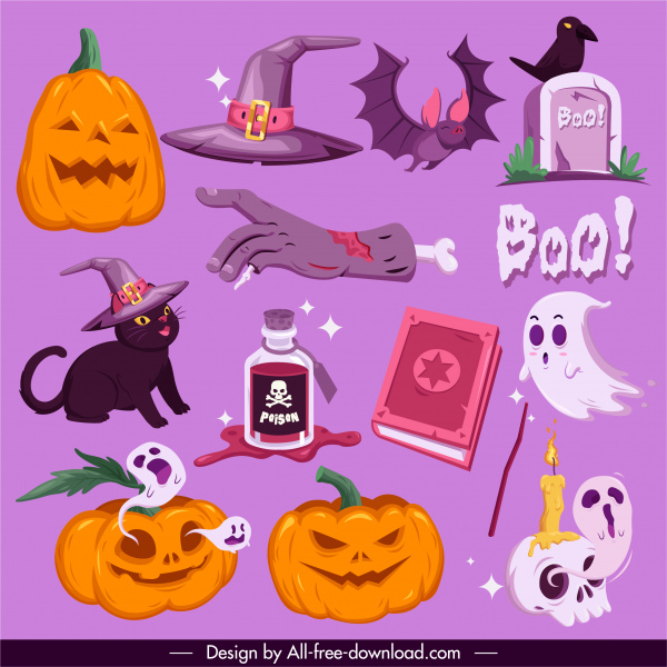 halloween elementos design colorido horror clássico símbolos esboço