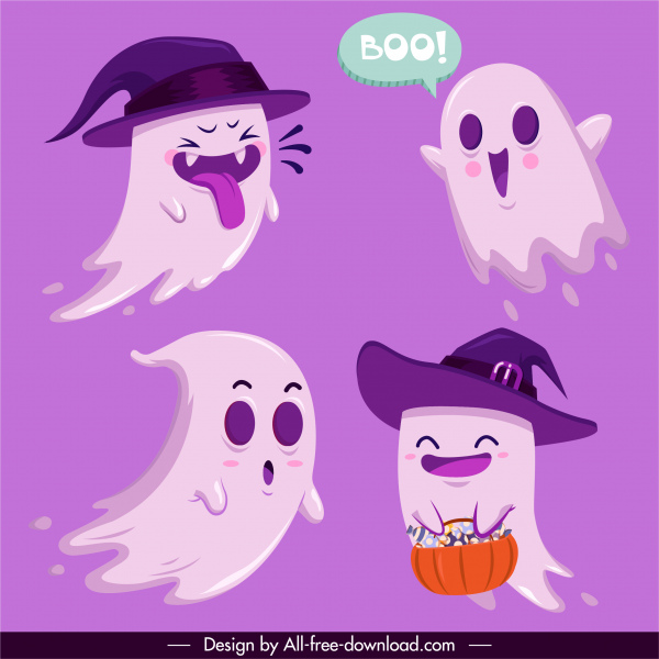 elemen desain halloween sketsa karakter hantu lucu