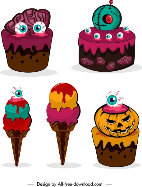 éléments de conception d’halloween horreur gâteau crème glacée icônes