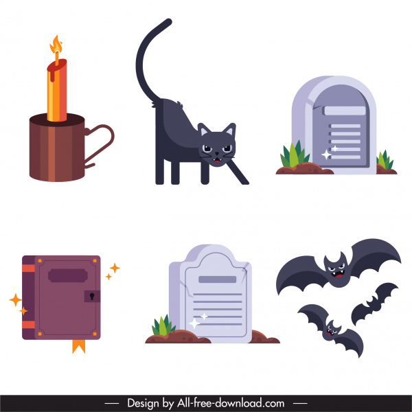 halloween elementos projeto tumba morcegos desenho vela gato