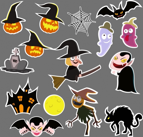vários símbolos planos coloridos dos elementos de design do Halloween