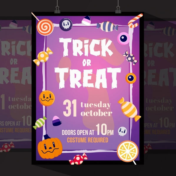 Хэллоуин флаер шаблон фиолетовый декор конфеты иконы тыквы