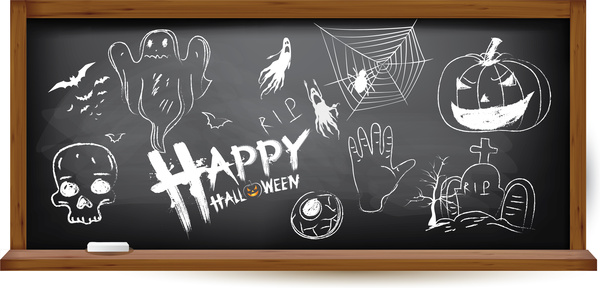Halloween tangan menggambar corat-coret pada papan tulis hitam