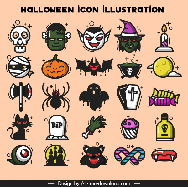 colección de iconos de halloween emblemas de terror coloreados boceto