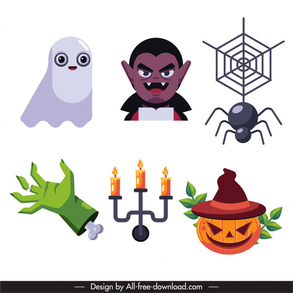 ícones de Halloween colorido símbolos clássicos esboço