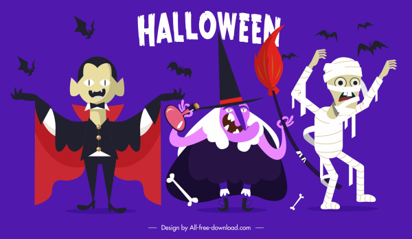 Halloween ikon elemen Dracula penyihir mumi kelelawar sketsa