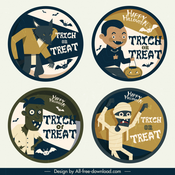 karakter horor Halloween label template sketsa desain lingkaran