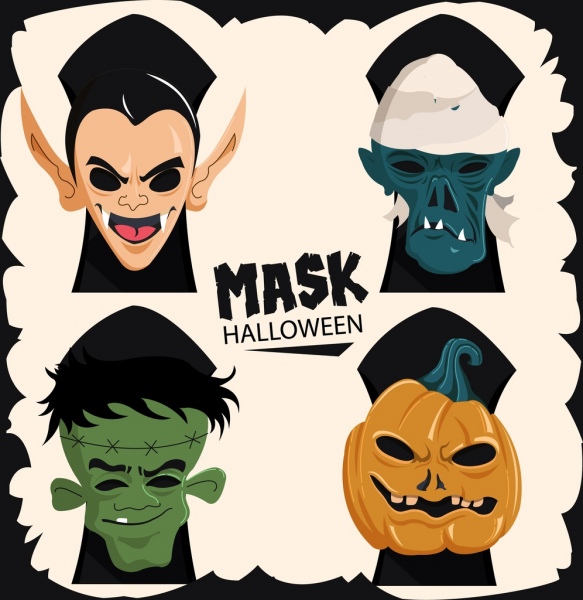 máscaras de Halloween decoración iconos de miedo de fondo