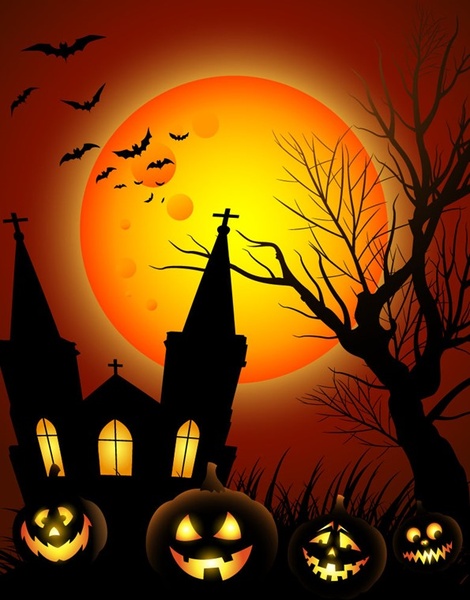 la notte di halloween con castello nero sulla luna - illustrazione