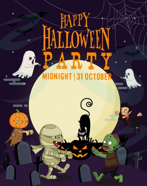 personajes de miedo de Halloween partido banner moonlight iconos de tumbas
